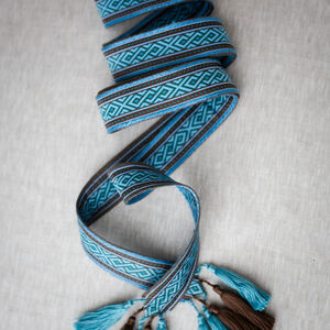 Unisex wide fabric belt with trim and tassels "Fireside Family"