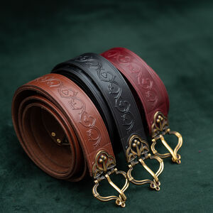 Geprägter Ledergürtel mit Messingguss-Schnalle mit Emaille „Bär“