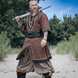 Kurzärmelige Wikinger-Leinentunika mit Borte, Handnähten und Akzenten „Ingvar der Seemann“