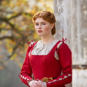 Sale Korsett Kirtle Kleid aus Leinen „Deutsche Rose“ | Burgundrot | Größe 10