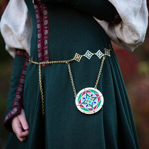 Sale: Messingspiegel „Schlüsselhalterin“ | Emaillemuster | Messing hat eine Patina