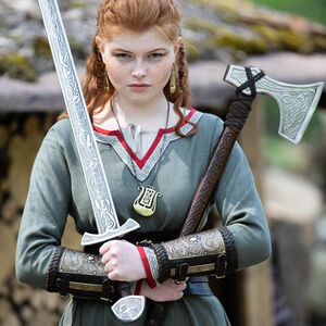 Sale: Wikinger Armschienen mit Akzenten aus geätztem Messing | Schwarzes Leder | Größe M