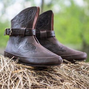 Sale: Wikinger Herrenschuhe aus Leder mit Riemen und Prägung | Braunes Leder | Gr. 46